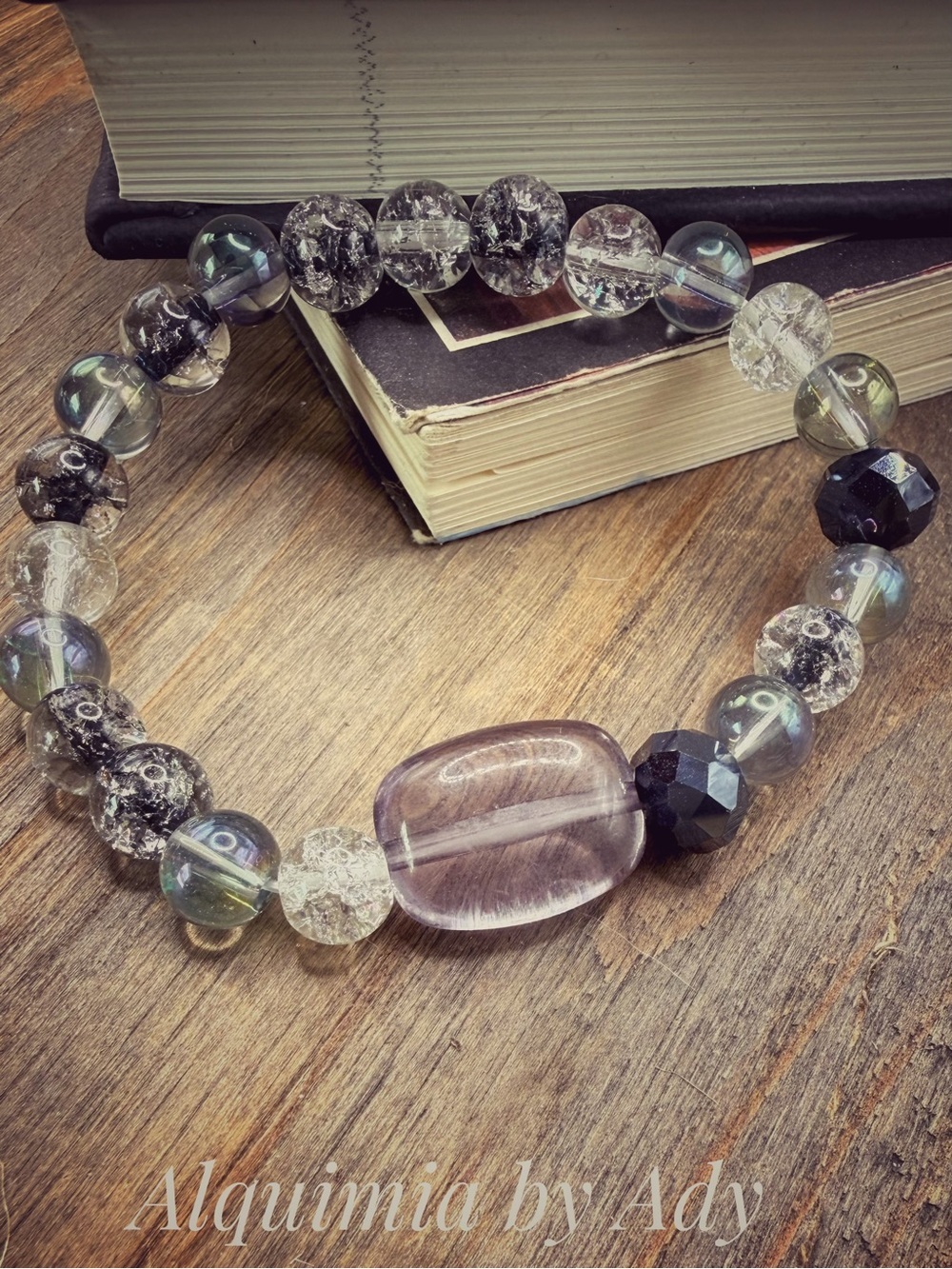 Clear Crystal and Black quartz Accent Beaded Bracelet